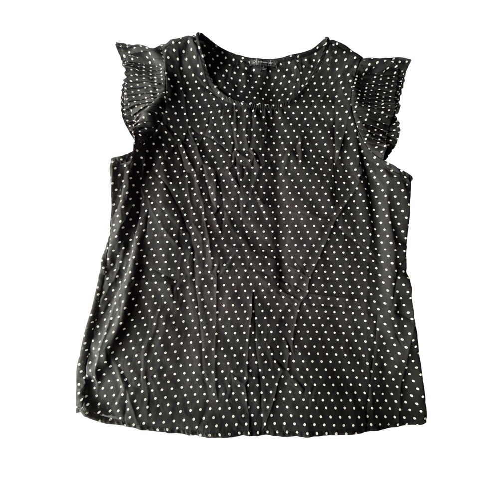 Adrianna Papell Black Polka Dot Pleated Ruffle Sleeve Blouse Top Womens Large
